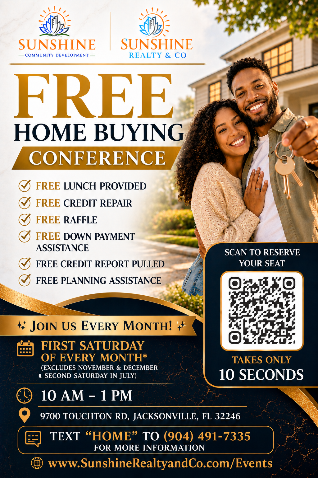 Sunshine Realty & Co. FREE Home Buying Conference flyer promoting a monthly Jacksonville first-time homebuyer seminar with down payment assistance, credit repair resources, free lunch, and homeownership education.